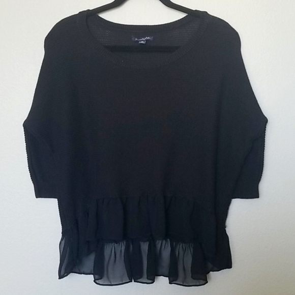 American eagle Goth Cute black knit sweater w/ chiffon ruffle trim small - Picture 1 of 7